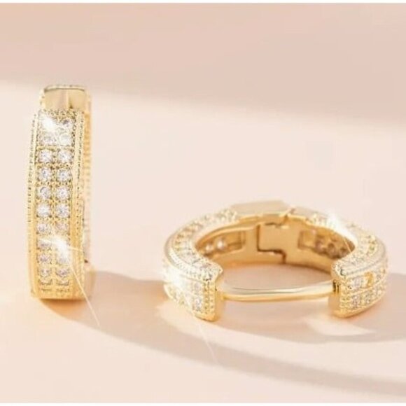 14k Gold Plated Simulated Diamond Huggie Earrings - Picture 7 of 10